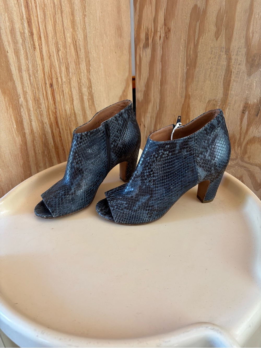 Maison Martin Margiela Peep Toe Ankle Booties Block Heel Blue Snakeskin Leather